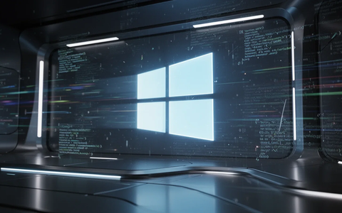 A glowing, stylized Windows logo projected onto a sleek, futuristic digital display, surrounded by subtle data streams. - Foto: über boerse-global.de