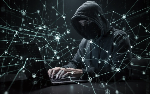 Schattige Figur in Kapuzenpullover tippt auf Laptop, umgeben von leuchtenden digitalen Linien und Netzwerk-Knoten, symbolisiert Cyberkriminalität. - Foto: über boerse-global.de