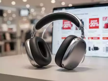 Sleek silver over-ear headphones, resembling Apple AirPods Max, resting on a clean surface with a soft, out-of-focus background. - Foto: über boerse-global.de