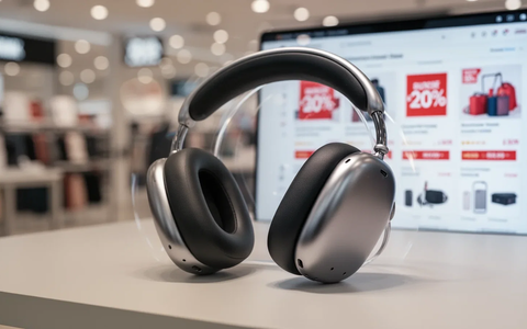 Sleek silver over-ear headphones, resembling Apple AirPods Max, resting on a clean surface with a soft, out-of-focus background. - Foto: über boerse-global.de