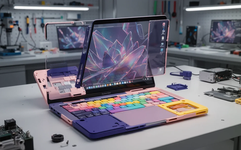 A multi-colored laptop, resembling a MacBook Neo, open to display its custom indigo, blush, and citrus components. The image highlights modularity. - Foto: über boerse-global.de