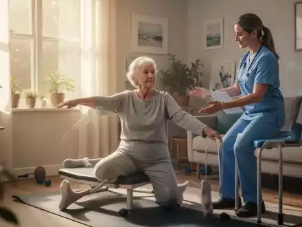 Eine ältere Person führt Physiotherapie-Übungen zu Hause durch, unterstützt von einem Physiotherapeuten. Fokus auf Mobilität und Selbstständigkeit. - Foto: über boerse-global.de