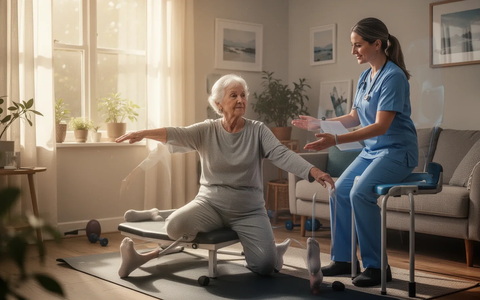 Eine ältere Person führt Physiotherapie-Übungen zu Hause durch, unterstützt von einem Physiotherapeuten. Fokus auf Mobilität und Selbstständigkeit. - Foto: über boerse-global.de