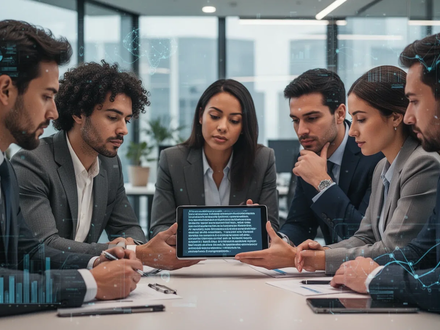 Eine Gruppe von HR-Fachkräften diskutiert in einem modernen Büro und betrachtet ein Tablet mit KI-generiertem Text. - Foto: über boerse-global.de