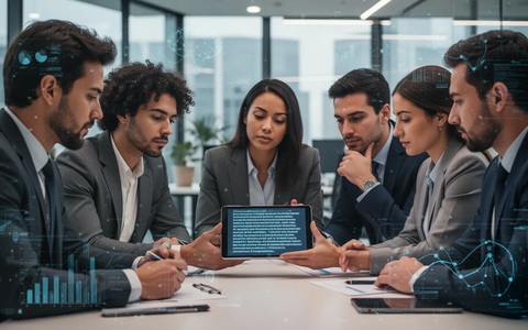 Eine Gruppe von HR-Fachkräften diskutiert in einem modernen Büro und betrachtet ein Tablet mit KI-generiertem Text. - Foto: über boerse-global.de