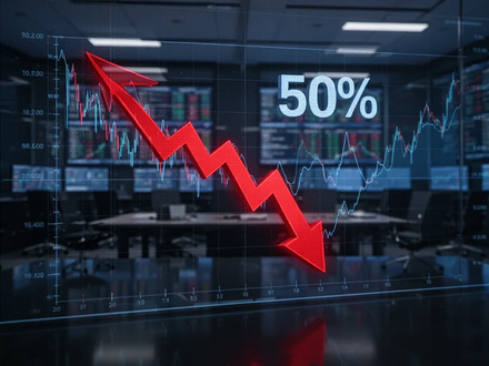 Ein fallender roter Pfeil auf einem digitalen Finanzbildschirm symbolisiert einen starken Aktienkursrückgang. - Foto: über boerse-global.de
