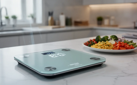 Eine digitale Waage zeigt ein gesundes Gewicht an, im Hintergrund ein Teller mit ausgewogenem Essen in einer modernen Küche. - Foto: über boerse-global.de