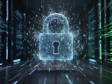 An abstract digital padlock dissolving into binary code, symbolizing a data breach and the underlying security architecture. - Foto: über boerse-global.de