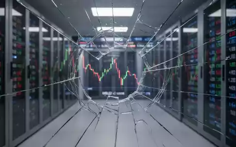 Ein zerbrochenes Glasfenster mit der Reflexion eines fallenden Börsentickers, vor dem Hintergrund eines modernen Rechenzentrums. - Foto: über boerse-global.de
