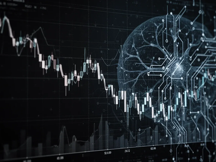 Ein fallender digitaler Aktienkurs-Chart, der einen starken Rückgang zeigt, mit überlagerten KI-Motiven. Dunkle Farben. - Foto: über boerse-global.de