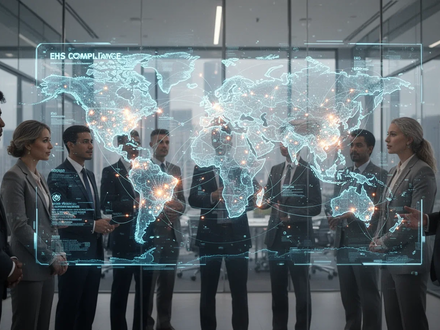 Geschäftsleute in einem modernen Büro betrachten eine holografische Weltkarte mit Datenpunkten zu globalen EHS-Vorschriften und Nachhaltigkeitsthemen. - Foto: über boerse-global.de