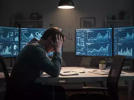 Eine Person sitzt allein am Schreibtisch im Homeoffice, den Kopf in den Händen, umgeben von Bildschirmen. Symbolisiert psychische Belastung. - Foto: über boerse-global.de
