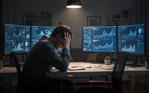 Eine Person sitzt allein am Schreibtisch im Homeoffice, den Kopf in den Händen, umgeben von Bildschirmen. Symbolisiert psychische Belastung. - Foto: über boerse-global.de