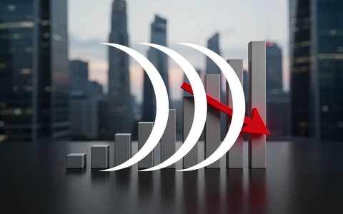 Ein minimalistisches Balkendiagramm mit einem roten Abwärtspfeil, der einen erheblichen Aktienkursrückgang symbolisiert. - Foto: über boerse-global.de