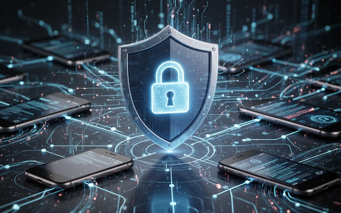 A glowing digital shield protecting a network of smartphones and data streams, symbolizing Android security updates and AI call protection. - Foto: über boerse-global.de