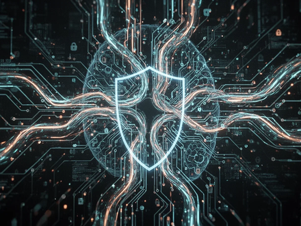 Digital illustration showing interconnected circuits and glowing data, representing AI security, governance, and cyber defense. - Foto: über boerse-global.de
