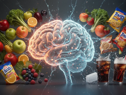 Ein stilisiertes Gehirn aus leuchtenden neuronalen Netzen, umgeben von gesunden und ungesunden Lebensmitteln, die den Einfluss der Ernährung auf die kognitive Gesundheit symbolisieren. - Foto: über boerse-global.de