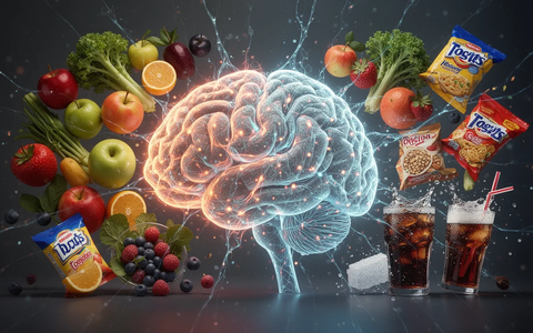 Ein stilisiertes Gehirn aus leuchtenden neuronalen Netzen, umgeben von gesunden und ungesunden Lebensmitteln, die den Einfluss der Ernährung auf die kognitive Gesundheit symbolisieren. - Foto: über boerse-global.de
