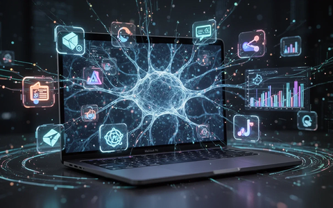A sleek MacBook Pro displays abstract AI neural network patterns, surrounded by floating holographic productivity app icons. - Foto: über boerse-global.de