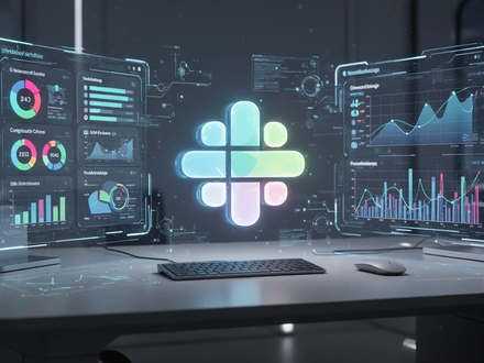 A stylized Slack logo glowing on a futuristic desk with holographic interfaces displaying productivity features and data, representing new software updates. - Foto: über boerse-global.de