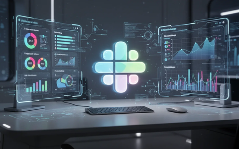 A stylized Slack logo glowing on a futuristic desk with holographic interfaces displaying productivity features and data, representing new software updates. - Foto: über boerse-global.de