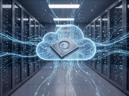 A futuristic server room with blue glowing data streams representing AI and cloud computing, with a subtle Pinterest motif. - Foto: über boerse-global.de