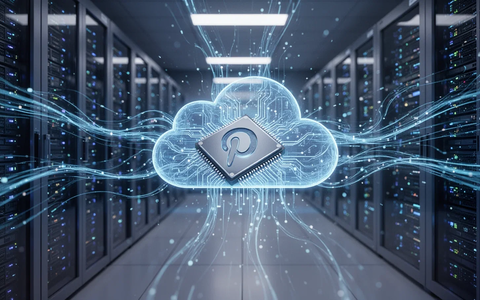 A futuristic server room with blue glowing data streams representing AI and cloud computing, with a subtle Pinterest motif. - Foto: über boerse-global.de