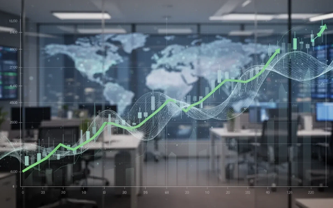 Ein stilisierter Finanzchart mit leichtem Abwärtstrend vor einem verschwommenen, modernen Bürohintergrund. - Foto: über boerse-global.de
