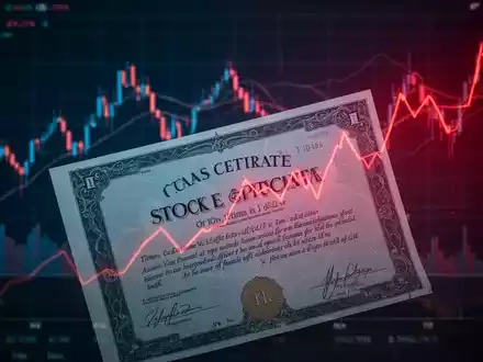 Ein teilweise verdecktes Aktienzertifikat vor einem digitalen Diagramm mit fallender Tendenz in Blau- und Rottönen. - Foto: über boerse-global.de