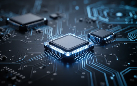 Nahaufnahme von miniaturisierten Chips mit blauem Licht auf einer reflektierenden Oberfläche, umgeben von verschwommenen Leiterplatten. - Foto: über boerse-global.de