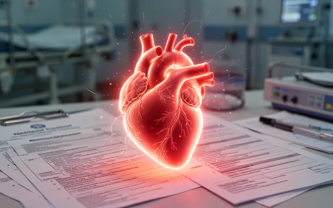 Eine stilisierte, leuchtende Grafik eines menschlichen Herzens überlagert medizinische Dokumente und Krankenhausgeräte, die die Organspende symbolisieren. - Foto: über boerse-global.de