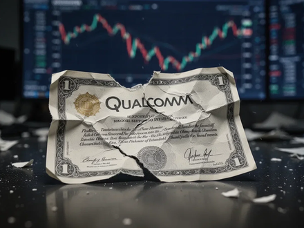 Ein zerknittertes und zerrissenes Qualcomm-Aktienzertifikat auf einer dunklen Oberfläche, das einen starken Kursabsturz symbolisiert. - Foto: über boerse-global.de