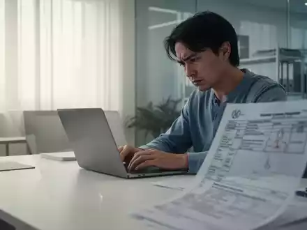Eine Person arbeitet an einem Laptop an einem Büroschreibtisch, im Vordergrund unscharf ein ärztliches Dokument. Symbolisiert Teilarbeitsunfähigkeit. - Foto: über boerse-global.de