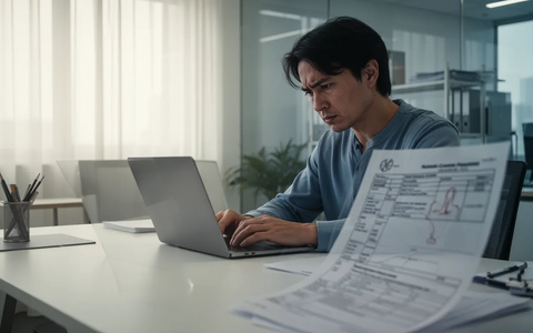 Eine Person arbeitet an einem Laptop an einem Büroschreibtisch, im Vordergrund unscharf ein ärztliches Dokument. Symbolisiert Teilarbeitsunfähigkeit. - Foto: über boerse-global.de