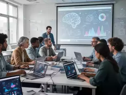 Eine Gruppe Erwachsener in einem modernen Klassenzimmer, die gemeinsam an Laptops lernen, mit einem Projektor, der Datenvisualisierungen anzeigt. - Foto: über boerse-global.de
