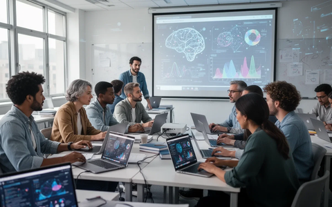 Eine Gruppe Erwachsener in einem modernen Klassenzimmer, die gemeinsam an Laptops lernen, mit einem Projektor, der Datenvisualisierungen anzeigt. - Foto: über boerse-global.de