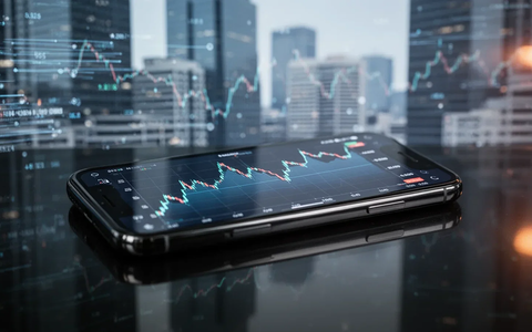 Nahaufnahme eines Smartphone-Bildschirms mit einem leicht fallenden Börsenchart, gespiegelt in einer dunklen Oberfläche. - Foto: über boerse-global.de