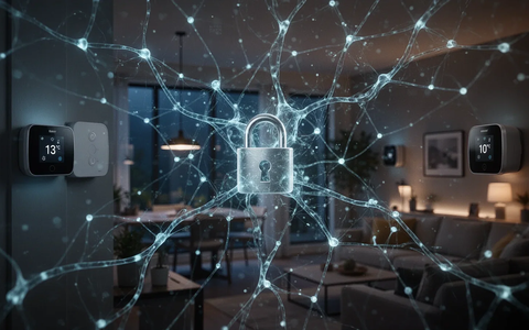 A glowing neural network overlaying a smart home interior, symbolizing AI vulnerabilities in connected devices like thermostats and lighting. - Foto: über boerse-global.de
