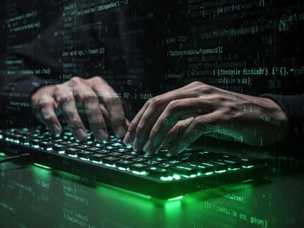 Hände tippen auf einer beleuchteten Tastatur, mit digitalen Code-Überlagerungen, die Cyberkriminalität und Betrug symbolisieren. - Foto: über boerse-global.de