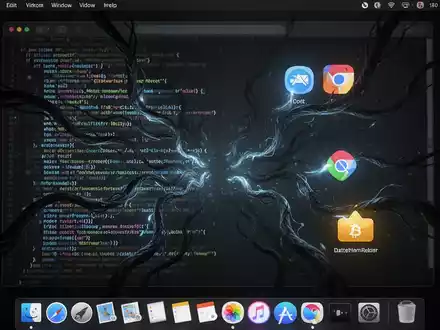 A stylized digital image showing a macOS desktop with glowing, malicious code targeting browser and cryptocurrency wallet icons. - Foto: über boerse-global.de
