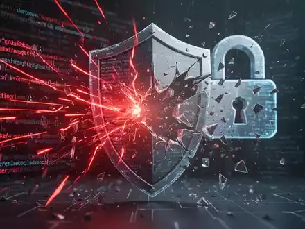 Digital graphic showing red lines of code breaking through a digital shield and a fragmented lock, symbolizing a security breach. - Foto: über boerse-global.de