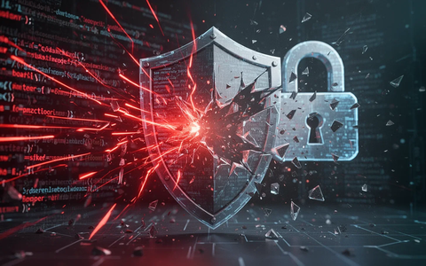 Digital graphic showing red lines of code breaking through a digital shield and a fragmented lock, symbolizing a security breach. - Foto: über boerse-global.de