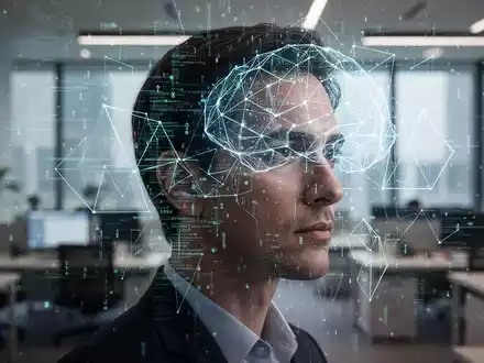 Ein Kopf, umgeben von digitalen Datenströmen und geometrischen Formen, in einem modernen Büro. Symbolisiert kognitive Belastung durch KI. - Foto: über boerse-global.de