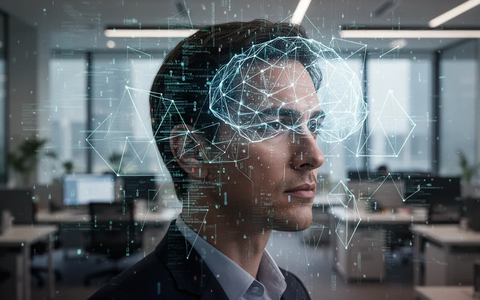Ein Kopf, umgeben von digitalen Datenströmen und geometrischen Formen, in einem modernen Büro. Symbolisiert kognitive Belastung durch KI. - Foto: über boerse-global.de