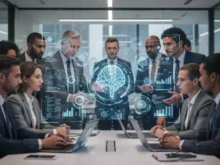 Geschäftsleute interagieren mit holographischer KI-Schnittstelle in einem modernen Büro, das Kompetenzrisiken durch KI darstellt. - Foto: über boerse-global.de