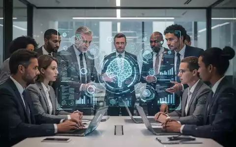 Geschäftsleute interagieren mit holographischer KI-Schnittstelle in einem modernen Büro, das Kompetenzrisiken durch KI darstellt. - Foto: über boerse-global.de
