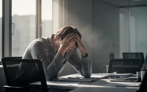 Eine Person sitzt in einem modernen Büro, das Gesicht in den Händen vergraben, wirkt überfordert und erschöpft. - Foto: über boerse-global.de