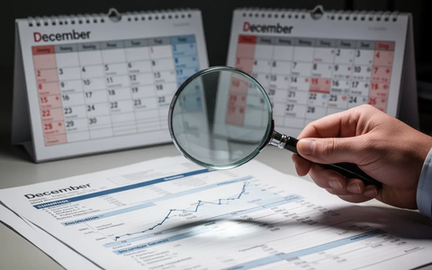 Eine Hand hält eine Lupe über einen Finanzbericht, mit einem Kalender im Hintergrund, der den Dezember hervorhebt. - Foto: über boerse-global.de