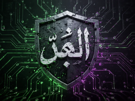 A digital shield made of fragmented Arabic calligraphy, glitching and glowing with circuit board lines in dark tones. - Foto: über boerse-global.de