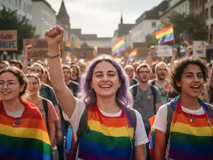 Eine vielfältige Gruppe von Menschen bei einer Demonstration, einige tragen regenbogenfarbene Elemente, im Hintergrund eine Stadtkulisse. - Foto: über boerse-global.de